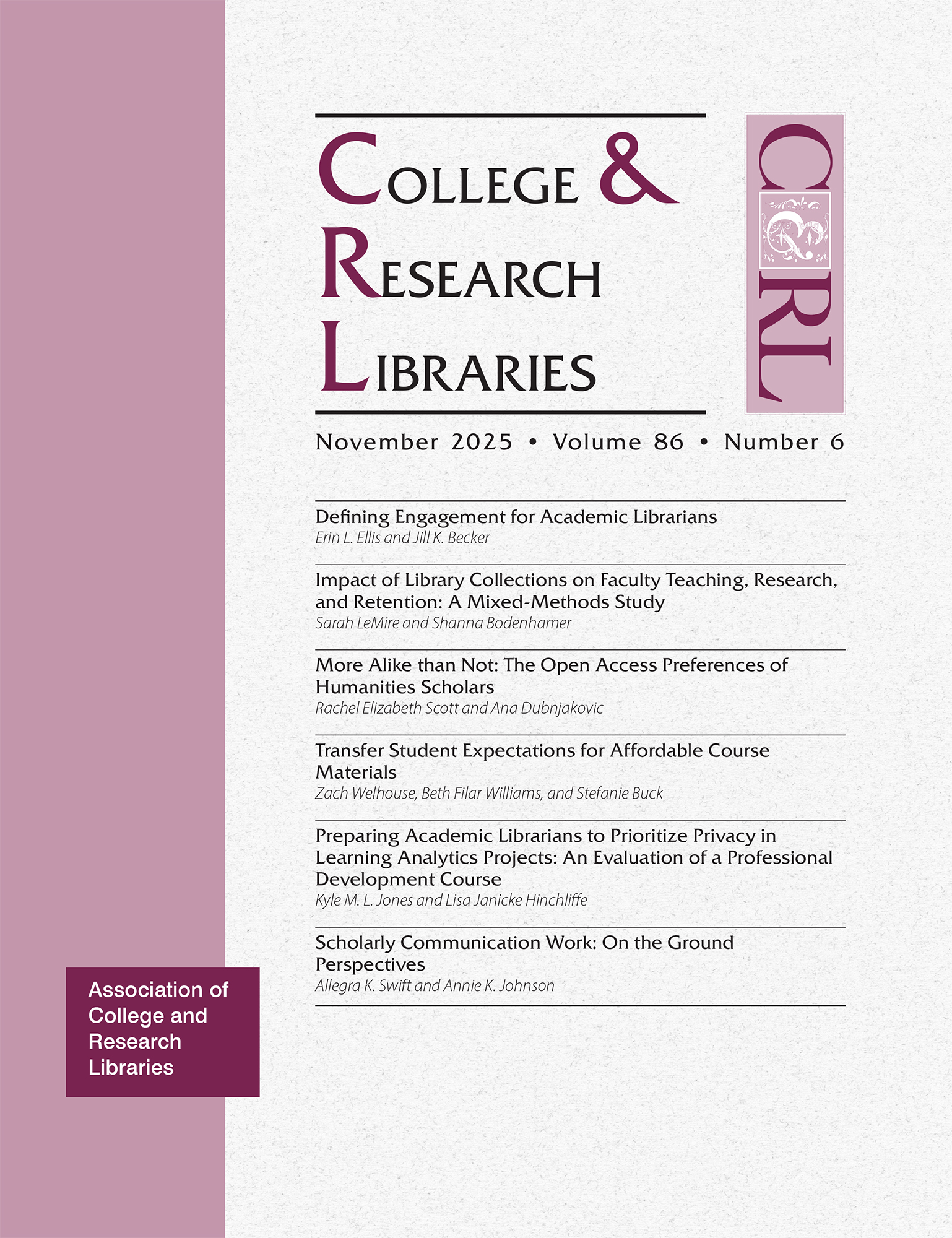 Cover: College & Research Libraries volume 86, number 6, November 2025