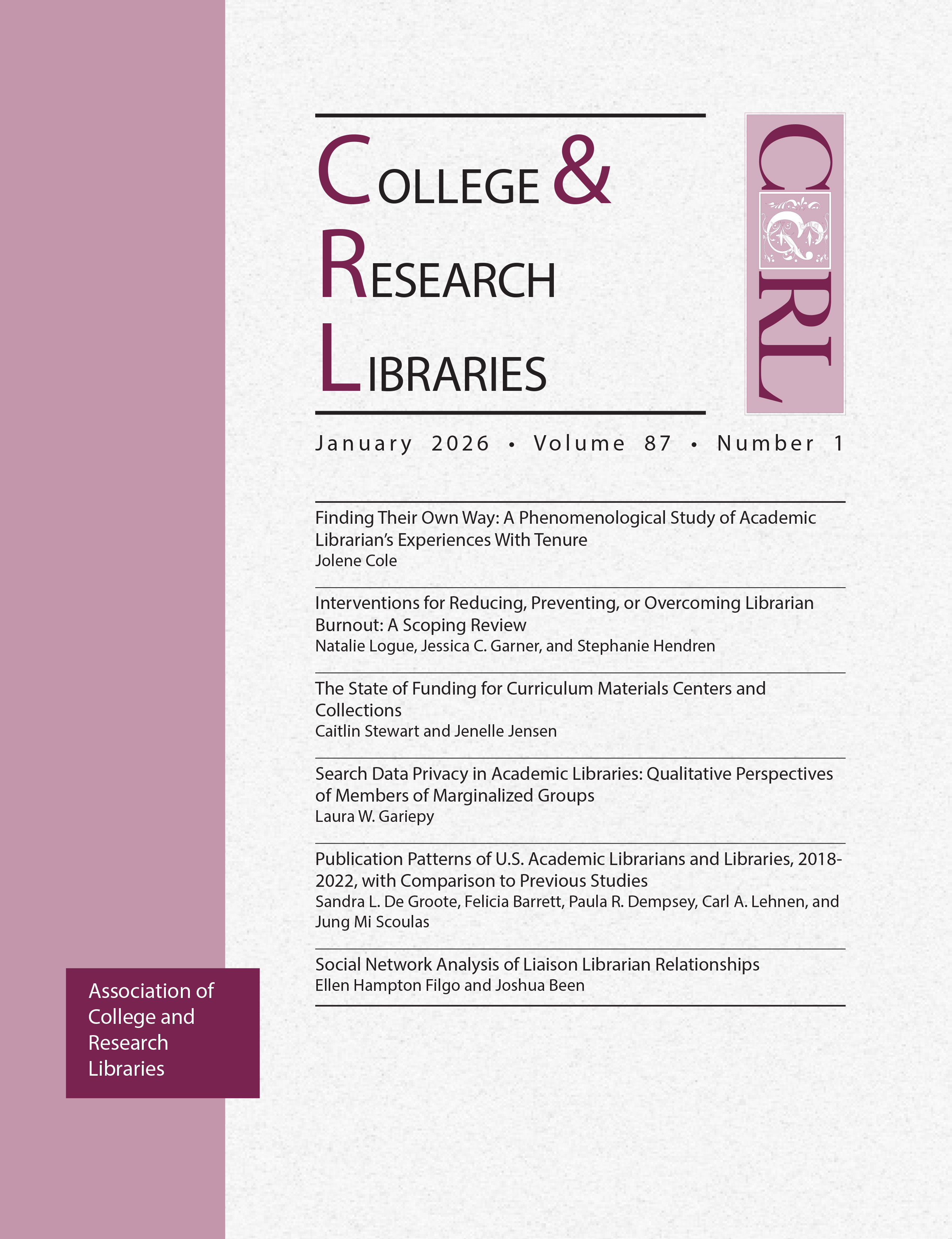Cover: College & Research Libraries volume 87, number 1, January 2026