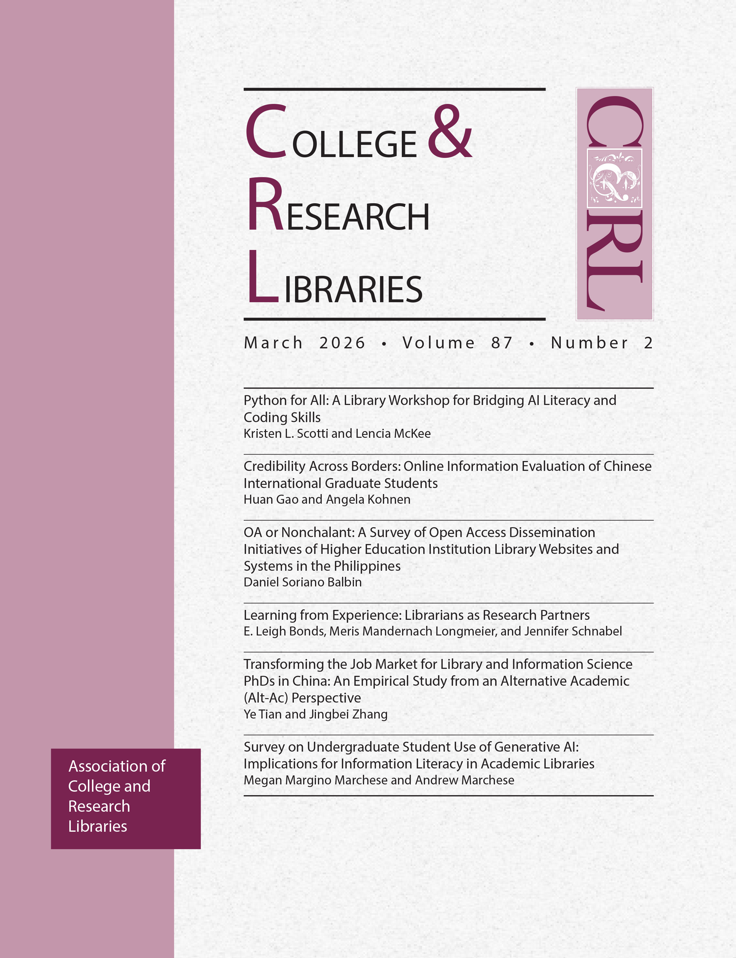 Cover: College & Research Libraries volume 87, number 2, March 2026
