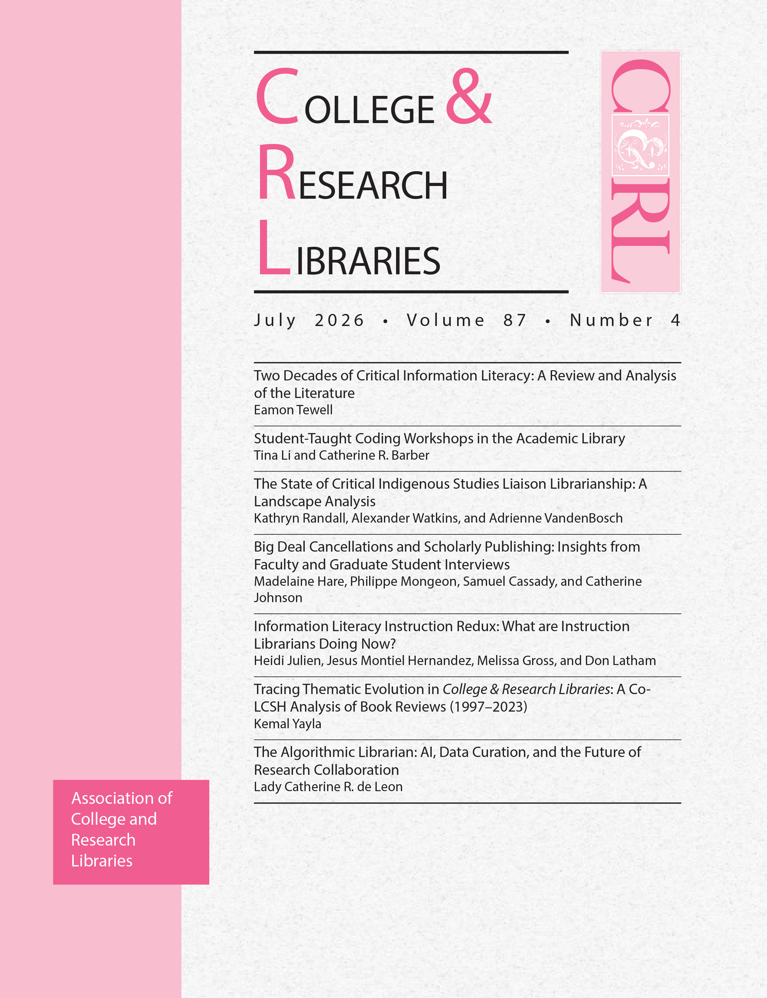 Cover: College & Research Libraries volume 87, number 4, July 2026