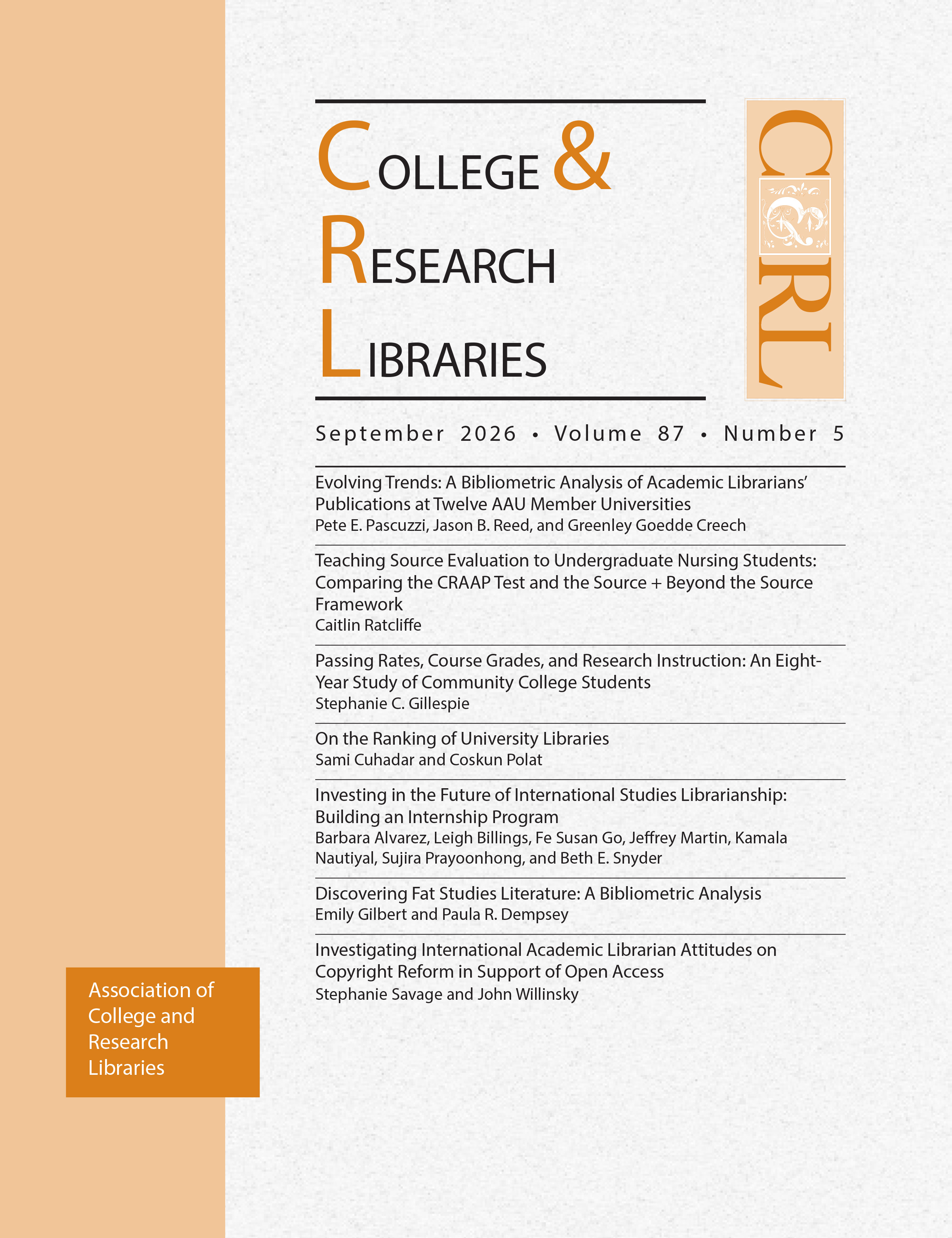 Cover: College & Research Libraries volume 87, number 5, September 2026